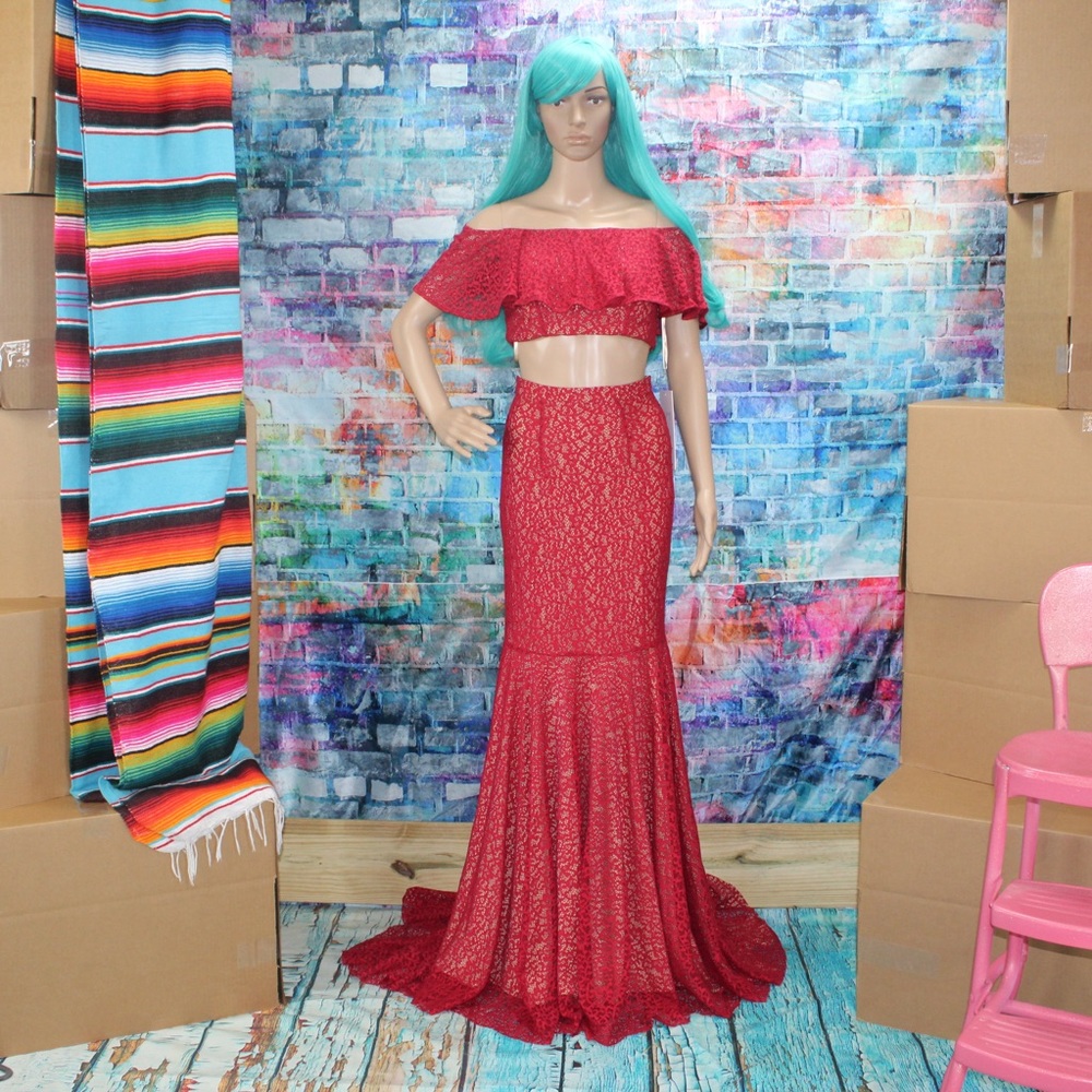 JOVANI Red Lace Crop Top Dress! #JP49740